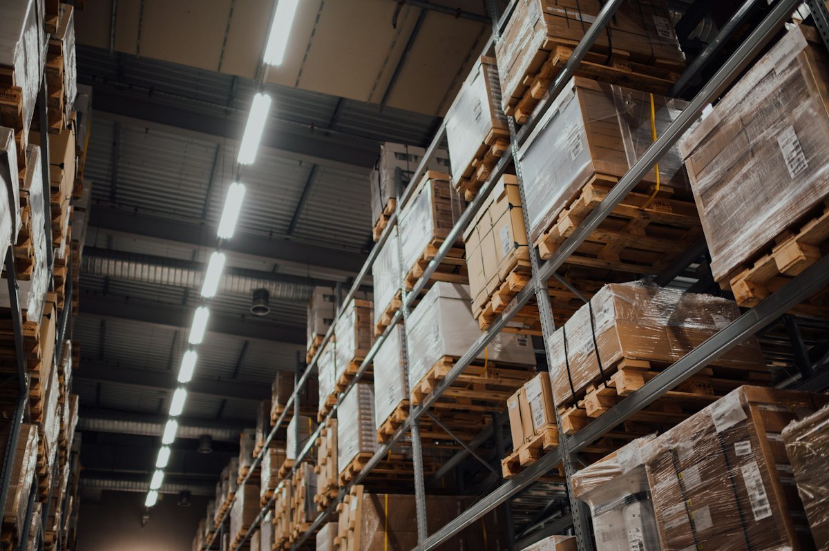 Cardboard boxes on warehouse racks