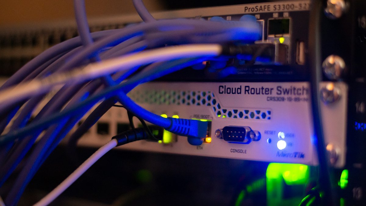 A close-up of networked cables