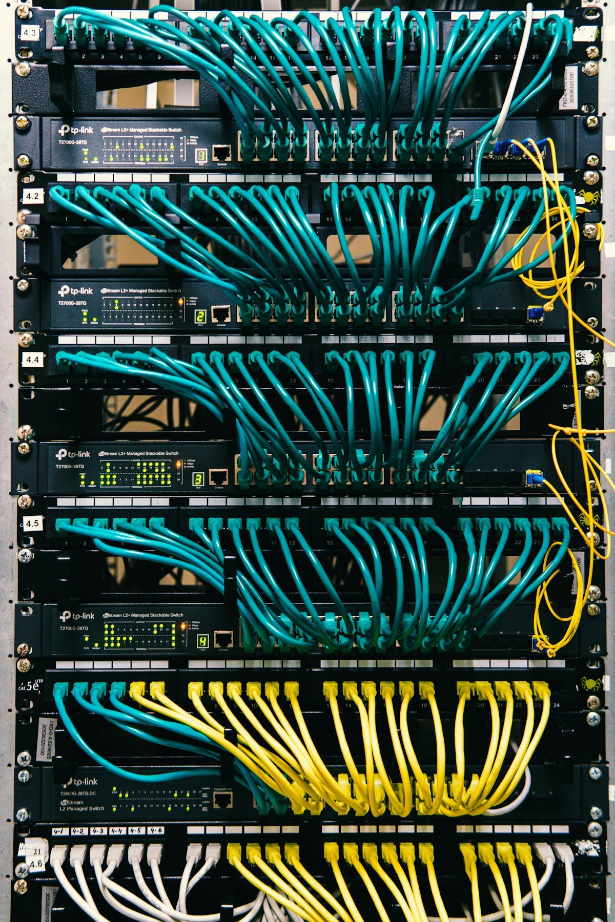 A rack of servers with cabling