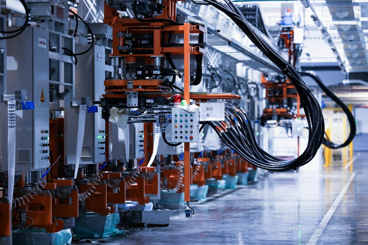 A line of electrical equipment in a factory